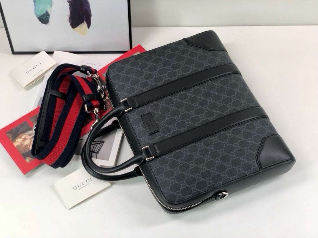 Gucci Briefcase black/gray GG with black leather and blue/red strap model 474135 PVC